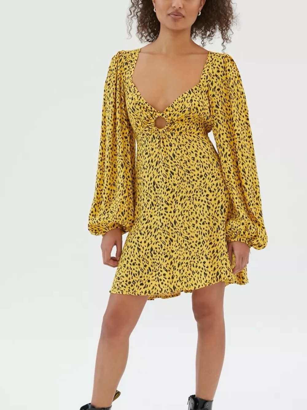 AFRM Yellow Black-Spot Ring-Front Mini Dress